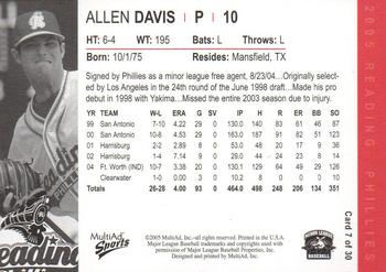 2005 MultiAd Reading Phillies #7 Allen Davis Back