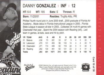 2005 MultiAd Reading Phillies #10 Danny Gonzalez Back