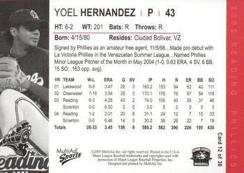 2005 MultiAd Reading Phillies #12 Yoel Hernandez Back