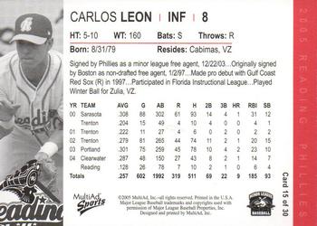 2005 MultiAd Reading Phillies #15 Carlos Leon Back