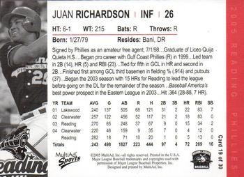 2005 MultiAd Reading Phillies #19 Juan Richardson Back