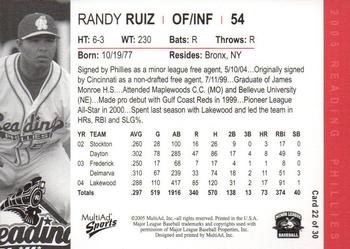 2005 MultiAd Reading Phillies #22 Randy Ruiz Back