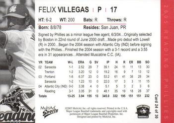 2005 MultiAd Reading Phillies #24 Felix Villegas Back