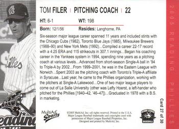 2005 MultiAd Reading Phillies #27 Tom Filer Back