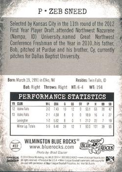 2014 Choice Wilmington Blue Rocks #22 Zeb Sneed Back