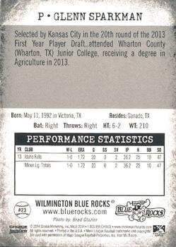 2014 Choice Wilmington Blue Rocks #23 Glenn Sparkman Back