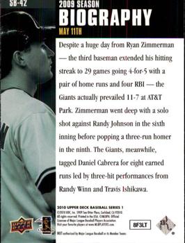 2010 Upper Deck - Season Biography #SB-42 Ryan Zimmerman Back
