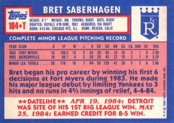 1984 Topps Traded #104T Bret Saberhagen Back