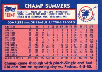 1984 Topps Traded #113T Champ Summers Back