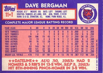 1984 Topps Traded #11T Dave Bergman Back