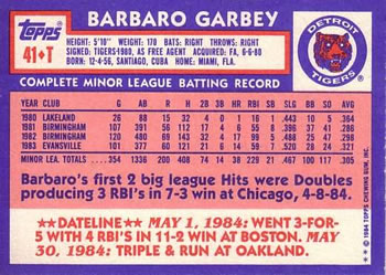 1984 Topps Traded #41T Barbaro Garbey Back