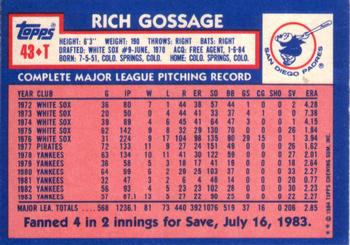1984 Topps Traded #43T Rich Gossage Back