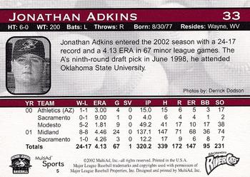 2002 MultiAd Sacramento River Cats #5 Jonathan Adkins Back