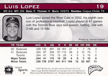 2002 MultiAd Sacramento River Cats #21 Luis Lopez Back