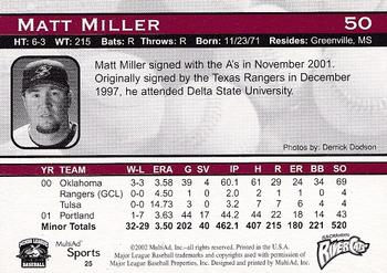 2002 MultiAd Sacramento River Cats #25 Matt Miller Back