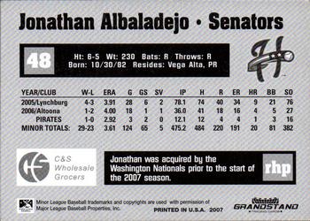 2007 Grandstand Harrisburg Senators #1 Jonathan Albaladejo Back