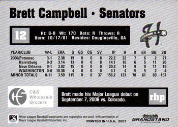 2007 Grandstand Harrisburg Senators #6 Brett Campbell Back