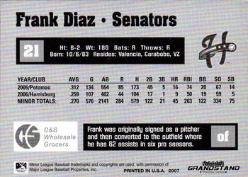 2007 Grandstand Harrisburg Senators #8 Frank Diaz Back