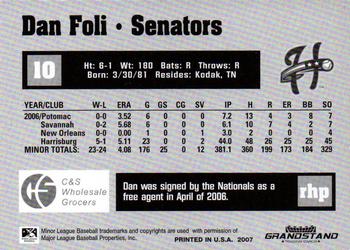2007 Grandstand Harrisburg Senators #10 Dan Foli Back