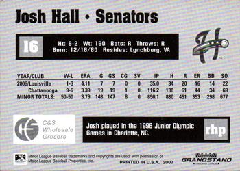 2007 Grandstand Harrisburg Senators #12 Josh Hall Back