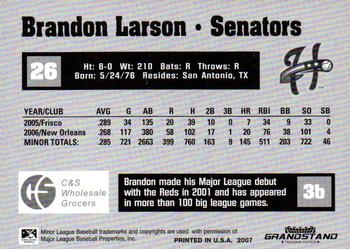 2007 Grandstand Harrisburg Senators #15 Brandon Larson Back