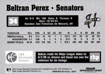 2007 Grandstand Harrisburg Senators #20 Beltran Perez Back