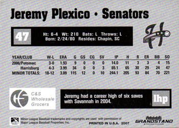 2007 Grandstand Harrisburg Senators #21 Jeremy Plexico Back