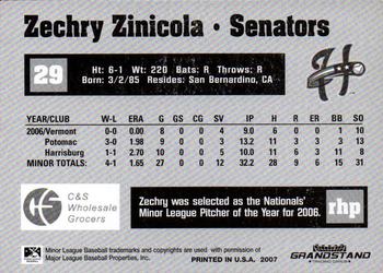 2007 Grandstand Harrisburg Senators #25 Zechry Zinicola Back