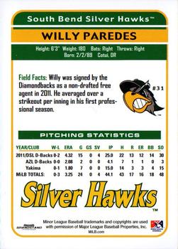 2012 Grandstand South Bend Silver Hawks #17 Willy Paredes Back