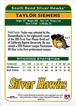 2012 Grandstand South Bend Silver Hawks #23 Taylor Siemens Back