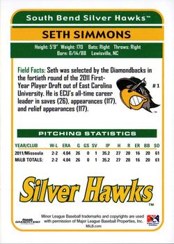 2012 Grandstand South Bend Silver Hawks #24 Seth Simmons Back