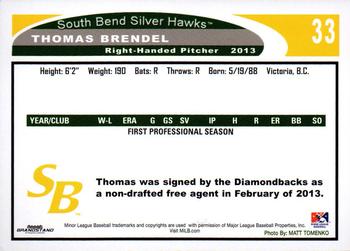 2013 Grandstand South Bend Silver Hawks #NNO Thomas Brendel Back