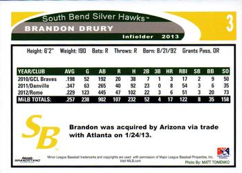 2013 Grandstand South Bend Silver Hawks #NNO Brandon Drury Back