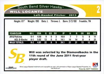 2013 Grandstand South Bend Silver Hawks #NNO Will Locante Back