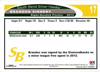 2013 Grandstand South Bend Silver Hawks #NNO Brandon Sinnery Back