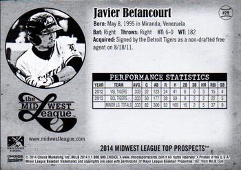 2014 Choice Midwest League Top Prospects #29 Javier Betancourt Back