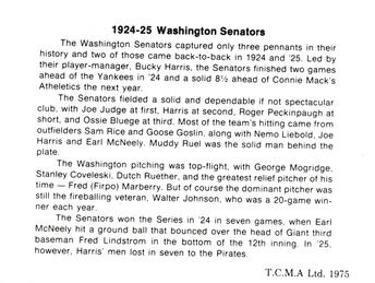 1975 TCMA 1924-25 Washington Senators #NNO Bucky Harris / Bill McKechnie Back