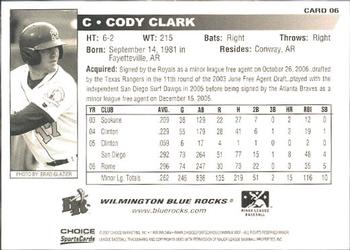 2007 Choice Wilmington Blue Rocks #6 Cody Clark Back