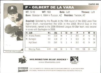 2007 Choice Wilmington Blue Rocks #9 Gilbert de la Vara Back