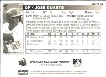 2007 Choice Wilmington Blue Rocks #10 Jose Duarte Back
