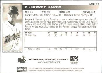 2007 Choice Wilmington Blue Rocks #13 Rowdy Hardy Back