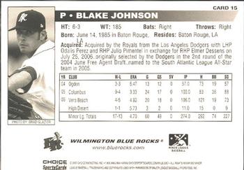2007 Choice Wilmington Blue Rocks #15 Blake Johnson Back