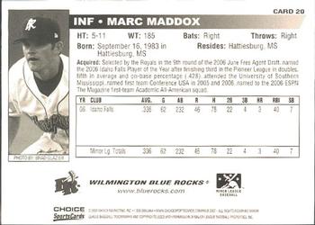2007 Choice Wilmington Blue Rocks #20 Marc Maddox Back