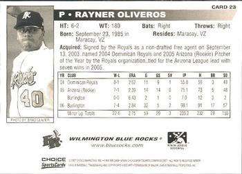 2007 Choice Wilmington Blue Rocks #23 Rayner Oliveros Back