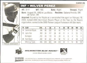 2007 Choice Wilmington Blue Rocks #26 Wilver Perez Back