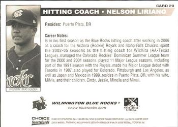 2007 Choice Wilmington Blue Rocks #29 Nelson Liriano Back