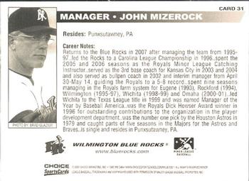 2007 Choice Wilmington Blue Rocks #31 John Mizerock Back