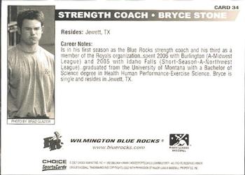 2007 Choice Wilmington Blue Rocks #34 Bryce Stone Back
