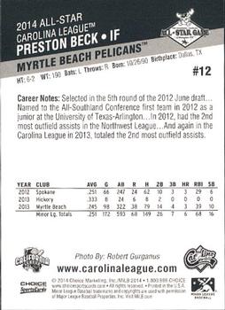 2014 Choice California League / Carolina League All-Star Game #12 Preston Beck Back