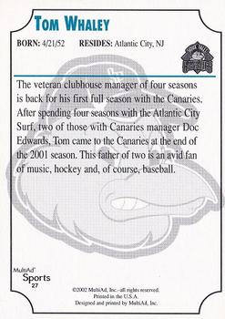 2002 MultiAd Sioux Falls Canaries #27 Tom Whaley Back
